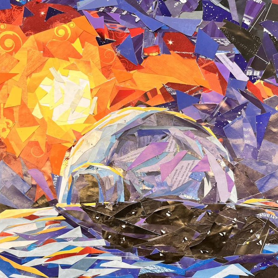 Colagem de papel: um iglu sob um grande sol laranja, à beira de um mar frio em tons de azul e violeta
