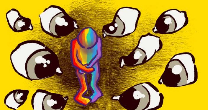Ilustração de uma pessoa com as cores do arco-íris, encolhida, cercada por olhos que a observam