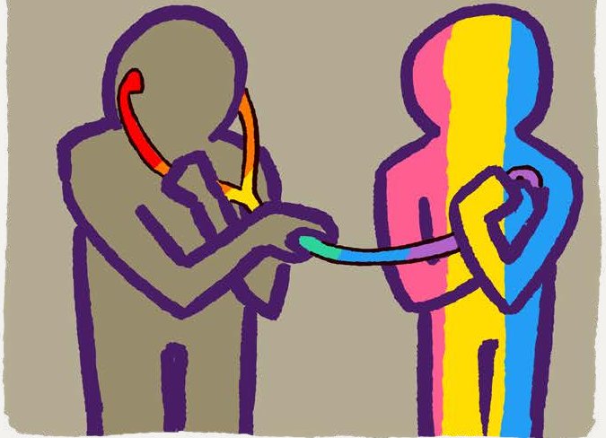 Ilustração de um profissional de saúde auscultando uma pessoa com as cores da bandeira pansexual, com estetoscópio colorido